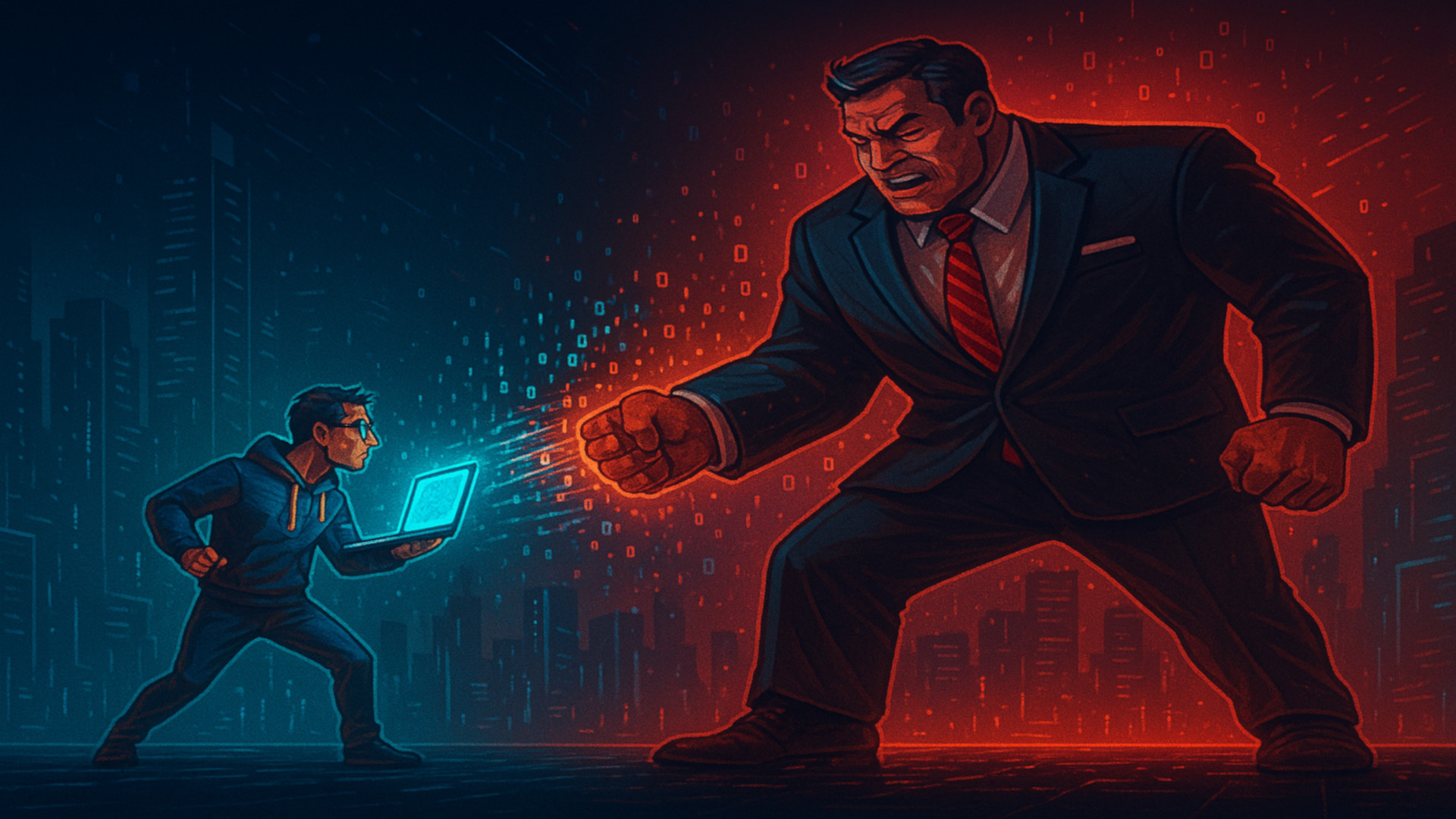 Ilustração estilizada mostrando um programador com laptop brilhando em azul enfrentando um executivo corpulento de terno e gravata em vermelho, simbolizando um confronto entre empreendedores e grandes corporações em um cenário urbano futurista, como se fosse Davi contra Golias.