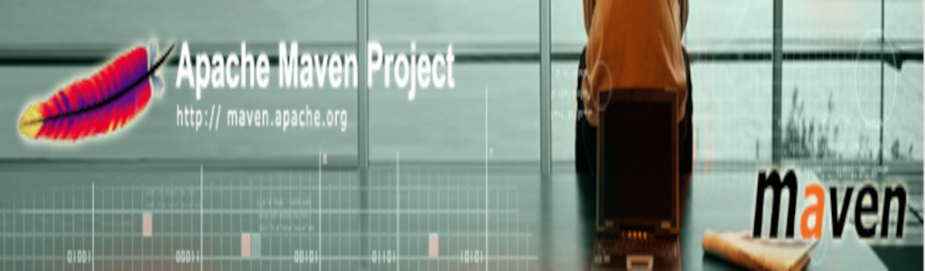 Banner for the Apache Maven Project, featuring the Apache logo and the word "Maven" prominently. The background has a technological and corporate look, depicting a person in an office environment, suggesting software development and build automation.
