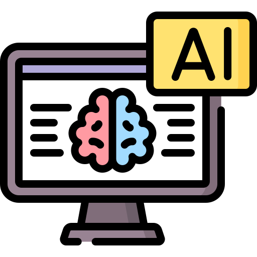 A monitor displays a brain split in half with the AI label in the top right corner, representing Artificial Intelligence