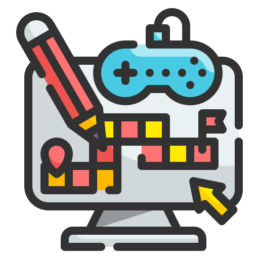 A monitor with a game controller and map elements, representing game development