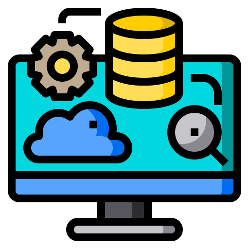 Computer screen with gear, cloud, and database icons, symbolizing SaaS applications and cloud infrastructure