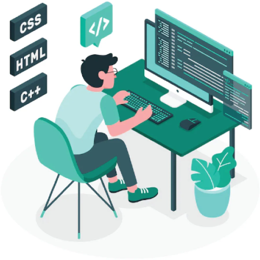 Jovem programador sentado em uma cadeira e trabalhando em um computador de mesa com dois monitores exibindo código