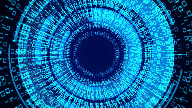 A digital tunnel of binary code spins rapidly, as if something is being processed in real time
